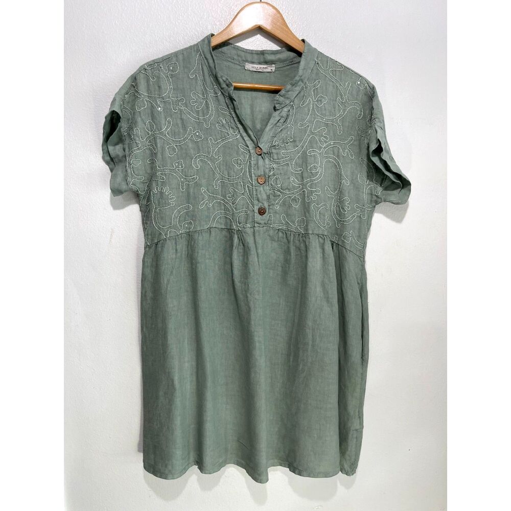 Viola Borghi Italian linen tunic dress embroidered summer vacation resort womenM